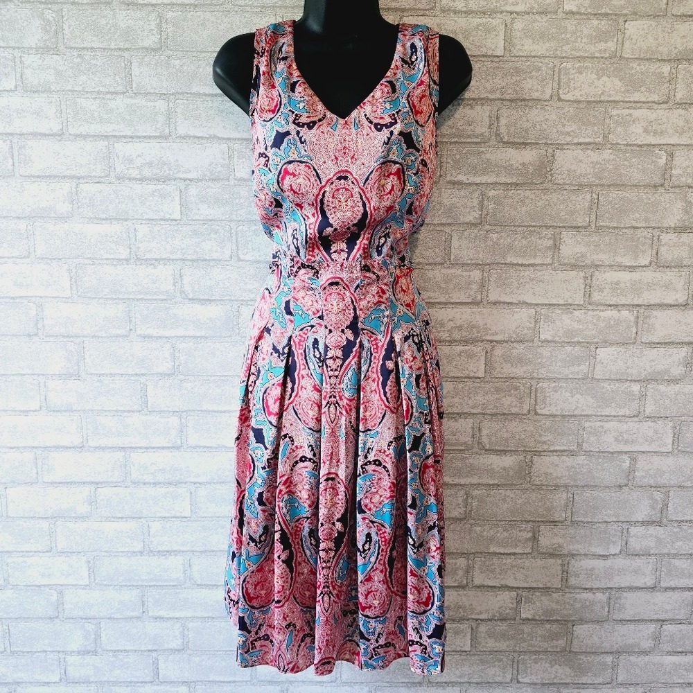 Jones New York Collection Paisley V-Neck Pleated Dress with Pockets Pink Blue 12